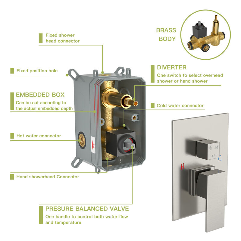 12" Rain Shower Head Systems With Waterfall Tub Spout, Brushed Nickel, Ceiling Mounted Shower