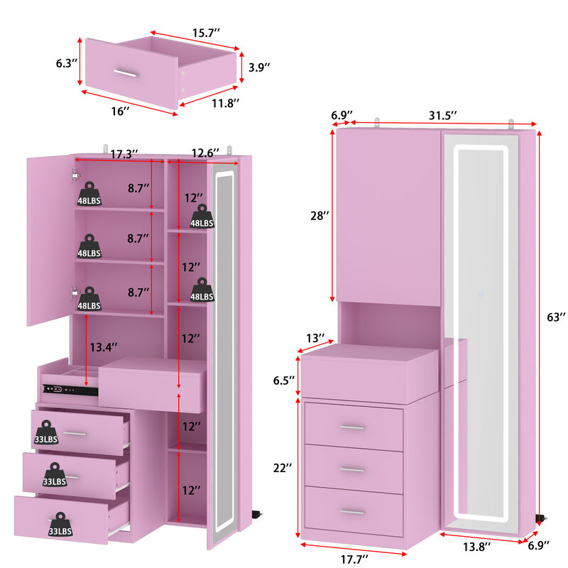 FUFU&GAGA Modern Vanity Table with Lighted Mirror and Storage, 3 Drawers & Sliding Cabinet, (31.5 in. W x 13 in. D x 63 in. H), Pink