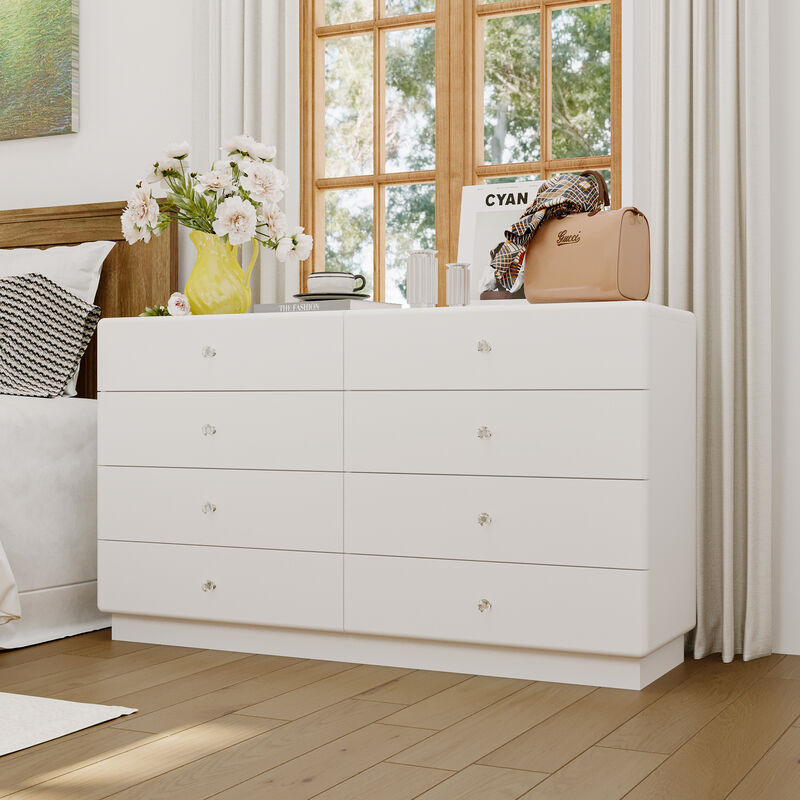 FUFU&GAGA Vanity Dresser with Glass-Top Display, 8 Drawers, LED Light, Adjustable Dividers, MDF (55.1" W x 13.8" D x 31.5" H), White