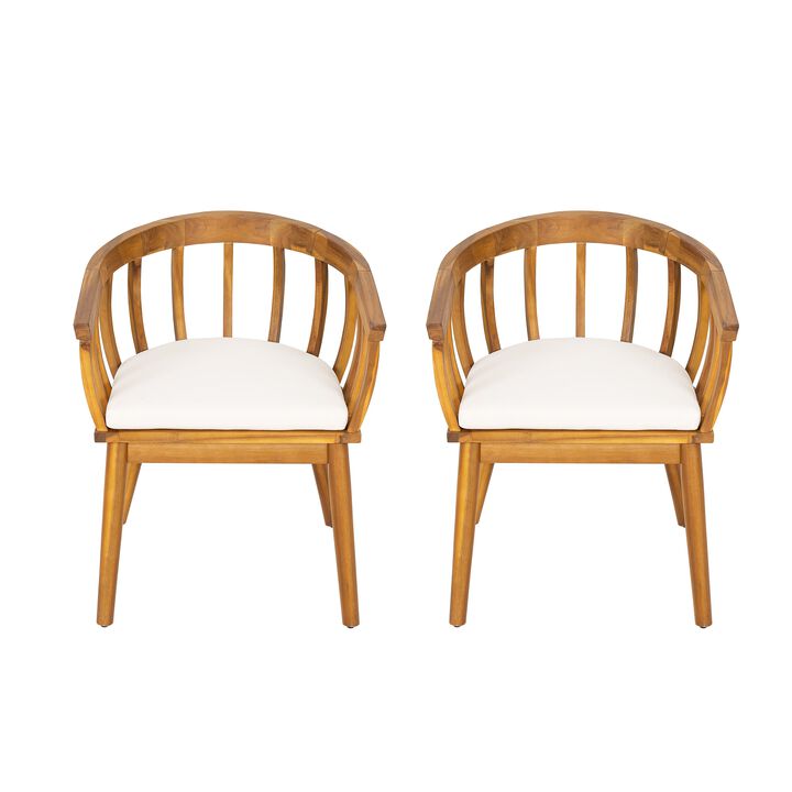 Outdoor Teak Wood Windsor Dining Chairs Set of 2, Classic Slatted Back Patio Armchairs with Removable White Cushions