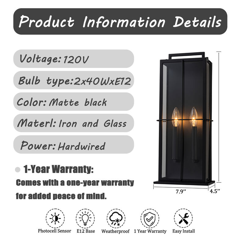 H19" Modern Large Lantern Outdoor Wall Light with Clear Glass Dual-Bulb Design and Black Finish Wall Sconces for Porch Patio Entryway image number 6
