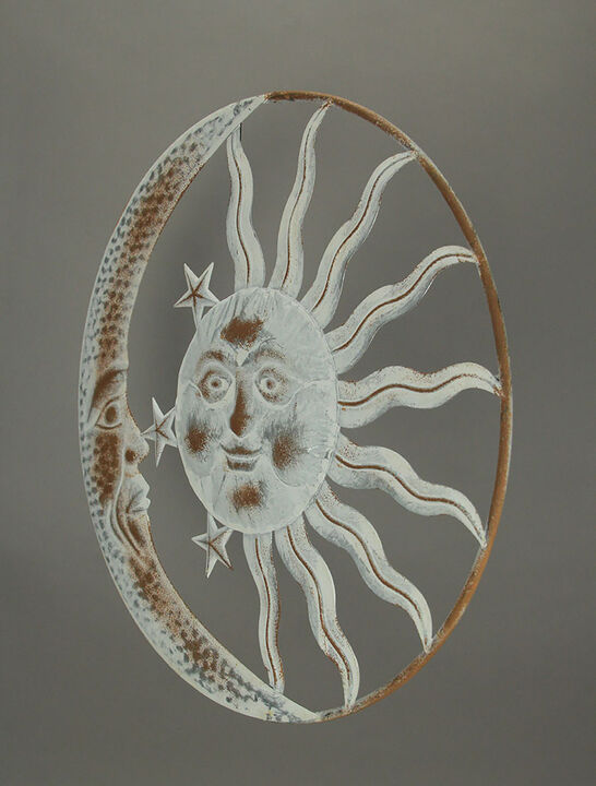 20 Inch Sun Moon Metal Face Distressed White Painted Stars Rustic Wall Hanging
