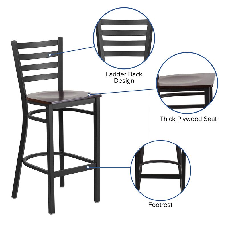 Flash Furniture HERCULES Series Black Ladder Back Metal Restaurant Barstool - Walnut Wood Seat