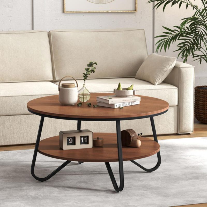 Hivvago Round Coffee Table with Wood Grain Finish and Heavy-duty Metal Frame