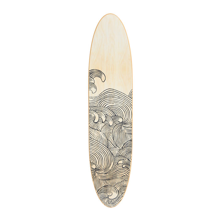 Coastal Decorative Surfboard Wall Decor for Living Room; Contemporary Wave Design Overlaid On Light Natural Wood
