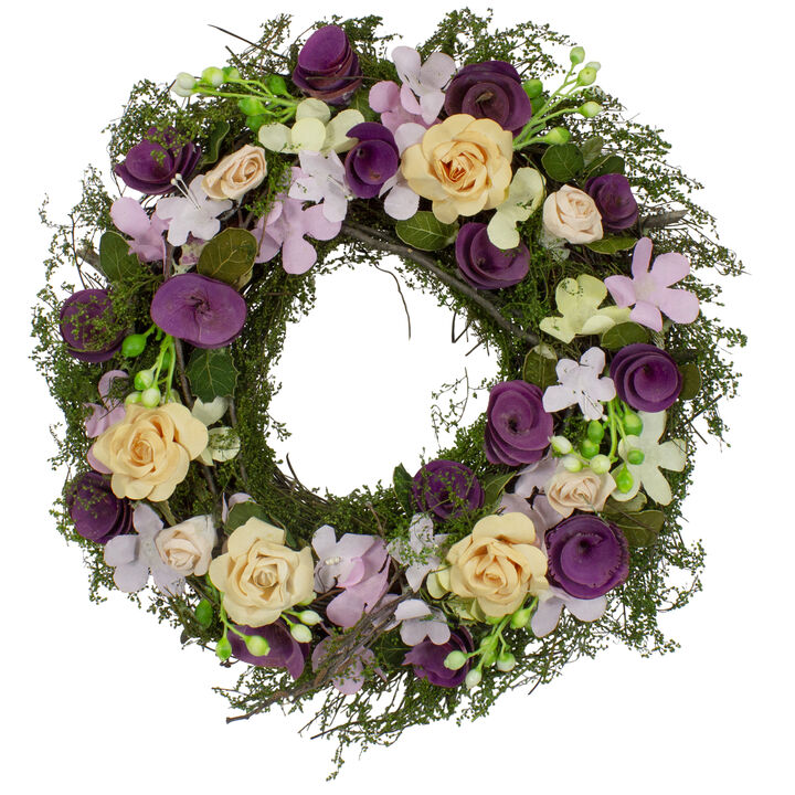 Purple and Green Floral  Berries and Twig Artificial Spring Floral Wreath  14-Inch