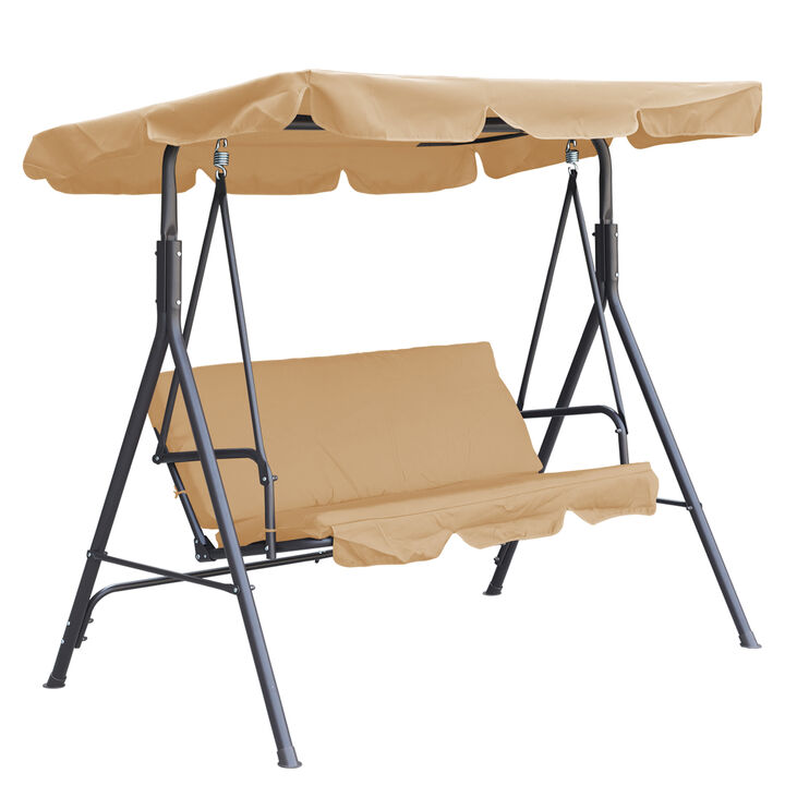 MONDAWE Three Person Porch Swing Bench with Adjustable Canopy & Removable Seat Cushion, Beige