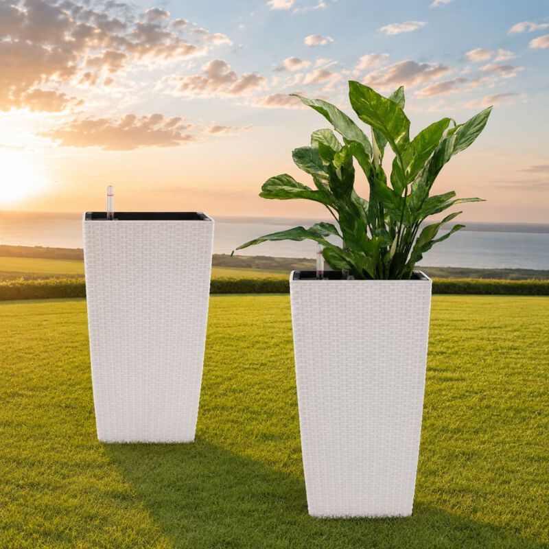 WOW PIONEER Modern Faux Rattan Large Square Indoor/Outdoor Planters with Auto Watering System for Home Garden Patio Yard (2 Pack) image number 2