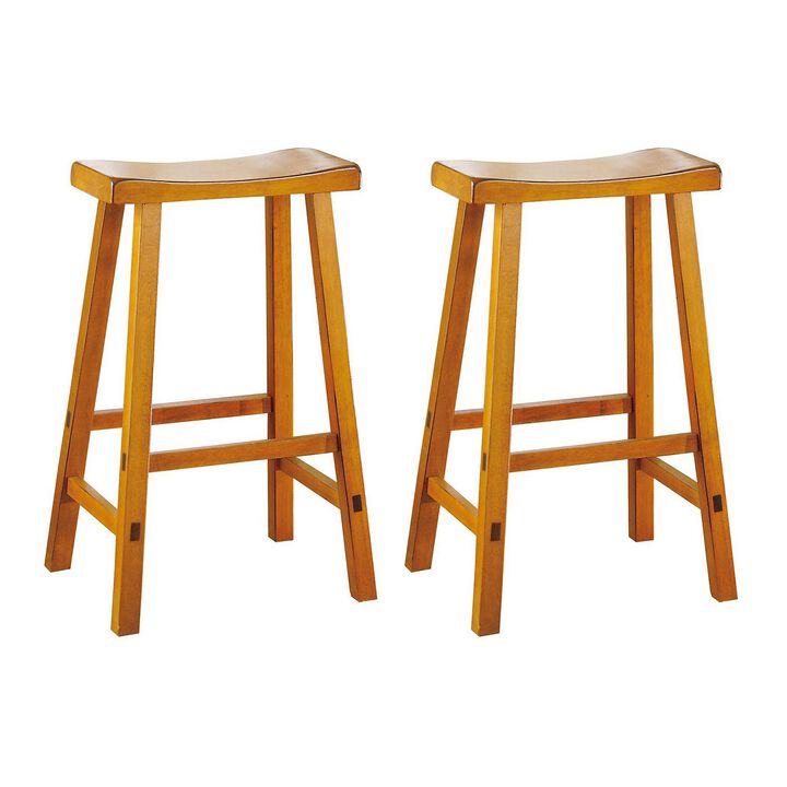 Wooden 29" Counter Height Stool with Saddle Seat, Oak Brown, Set Of 2-Benzara