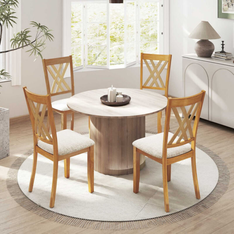 Set of 4 Linen Fabric Upholstered Dining Chairs with Rubber Wood Frame for Dining Room-Natural image number 3