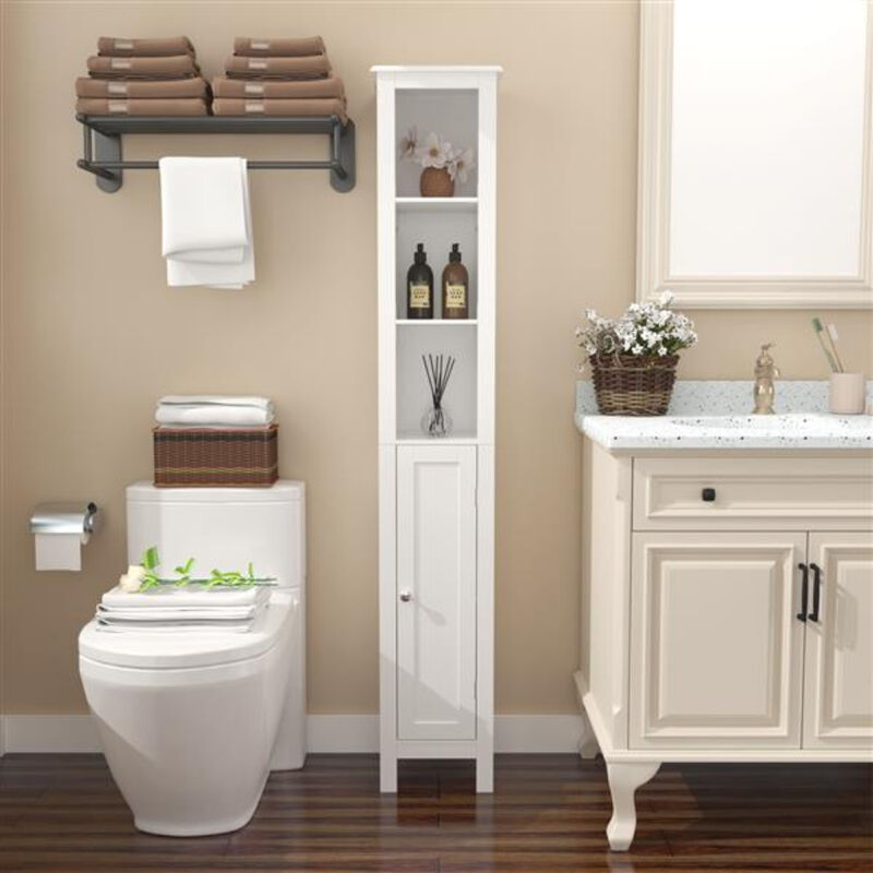 Freestanding Tall Bathroom Cabinet with Adjustable Shelves, 1 Door, and Open Compartments for Small Space Organization