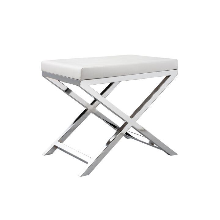 Sumi 18 Inch Stool, Padded Seat, White Faux Leather, Crossed Chrome Legs - Benzara