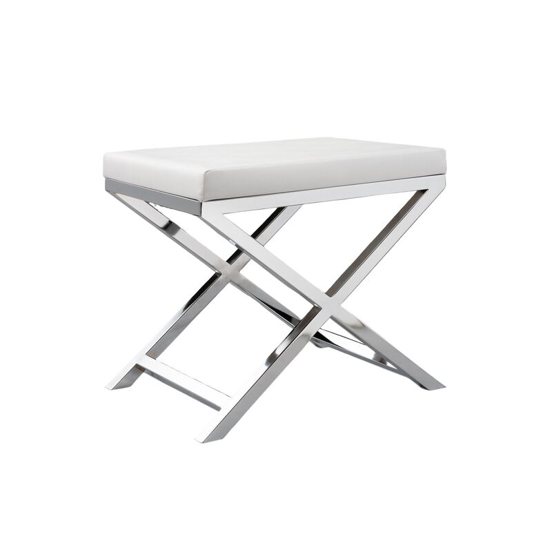 Sumi 18 Inch Stool, Padded Seat, White Faux Leather, Crossed Chrome Legs - Benzara