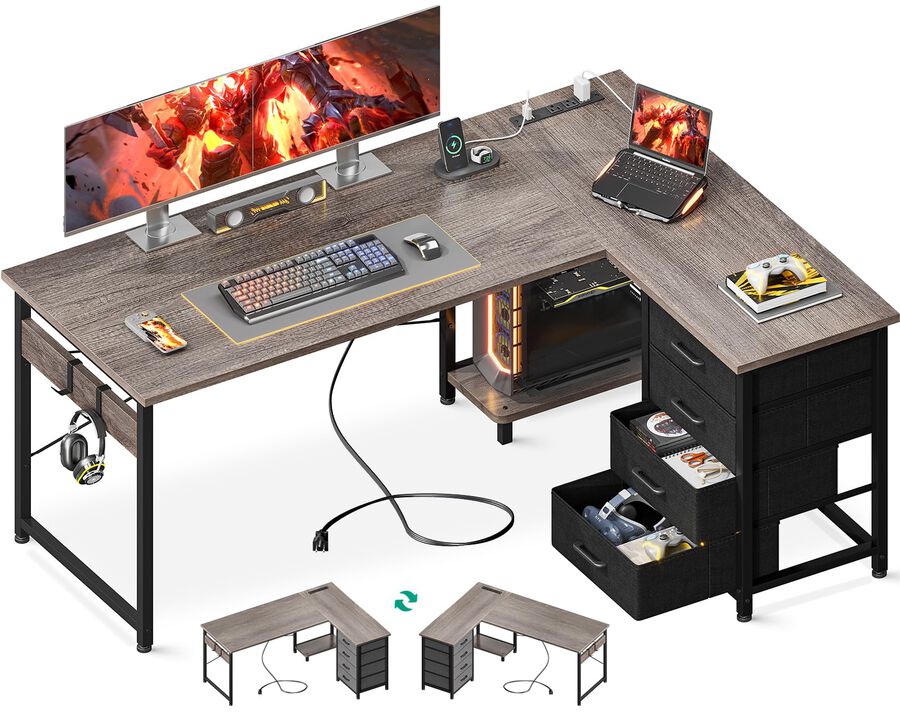 Casaottima L Shaped Desk with 4 Tier Drawers, 53 Gaming Desk with Power Outlets & USB, Reversible L-Shaped Computer Desk with