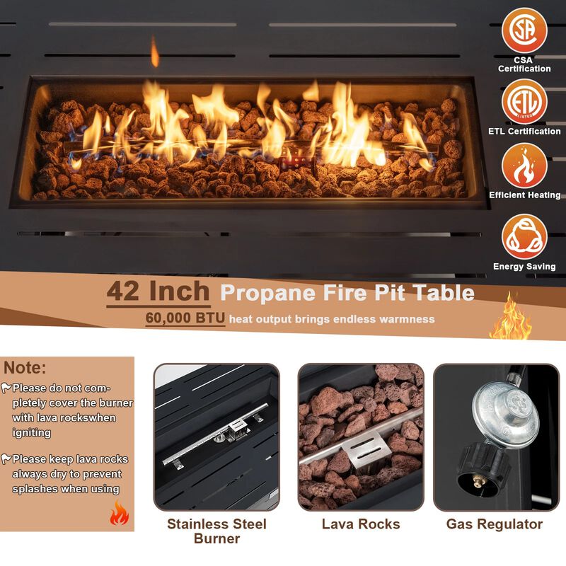 Mondawe 42" Rectangular Fire Pit Table - 60K BTU, Waterproof Cover Included