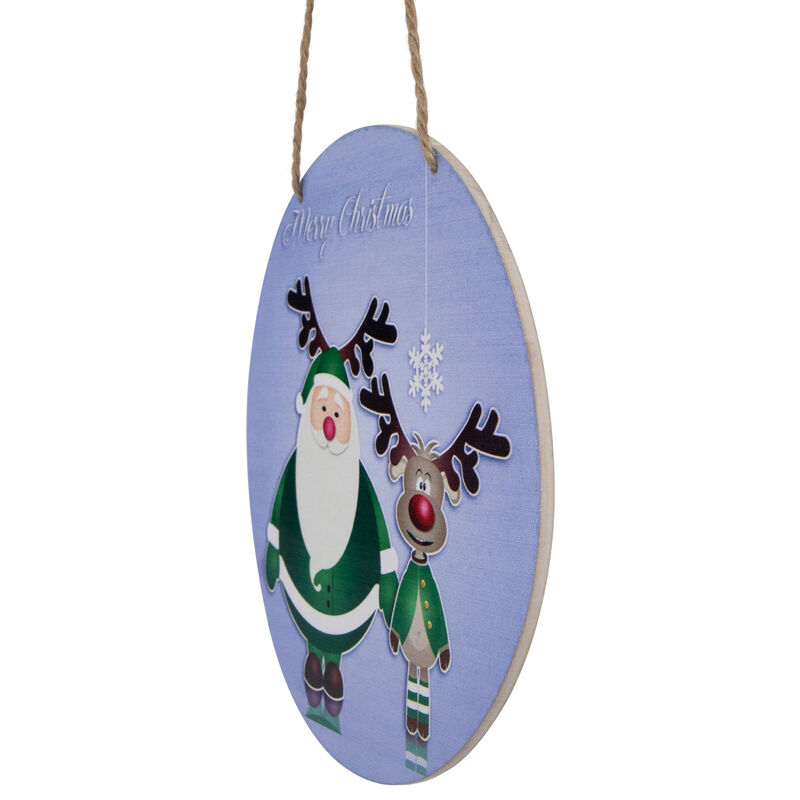 8" Blue and Green Santa and Reindeer "Merry Christmas" Disc Ornament image number 4