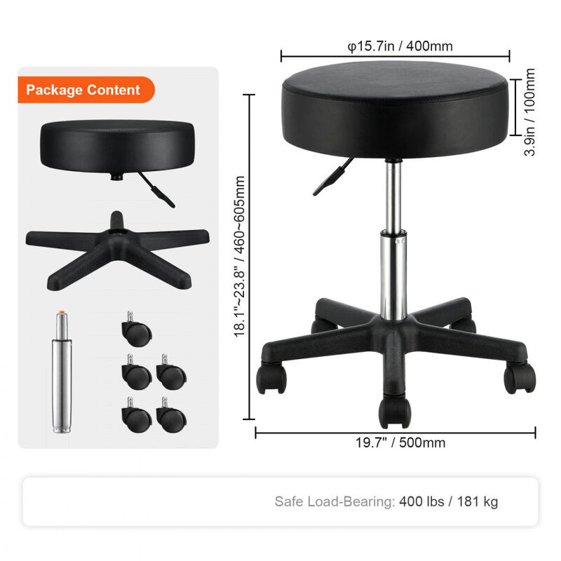 Adjustable Rolling Stool with Thick Padded Seat, Swivel Chair for Medical, Massage & Home-Black image number 2