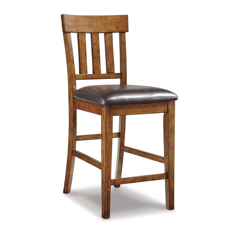 Raly Counter Height Chair Set of 2, Brown Faux Leather, Slatted Back - Benzara