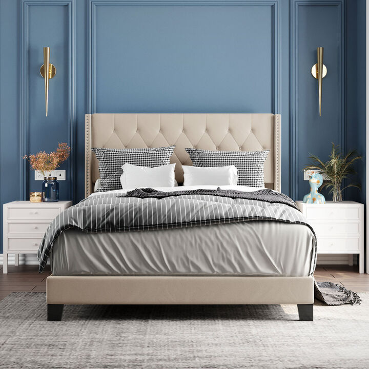 Upholstered Platform Bed with Classic Headboard, Box Spring Needed, Gray Linen Fabric, Queen Size