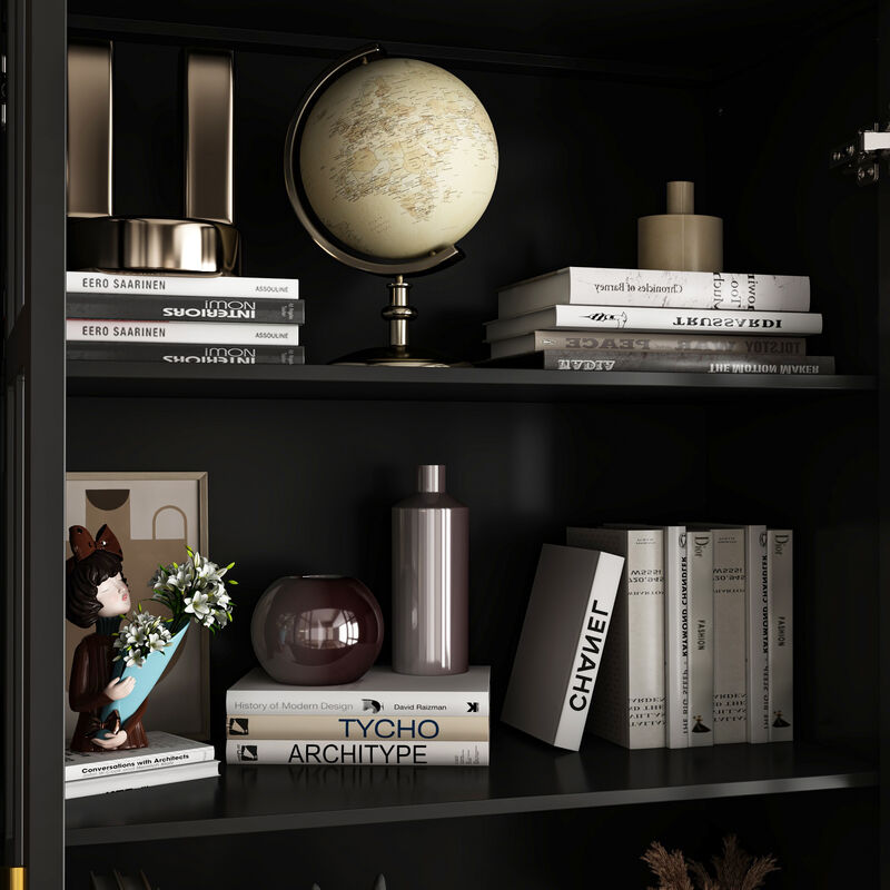 FUFU&GAGA Modern Bookcase with Glass Doors, 3 Fixed Shelves, and Spacious Drawers, Elegant Storage Cabinet for Living Room, Office, and Bedroom (70.1"H x 31.5"W x 15.4"D) image number 7