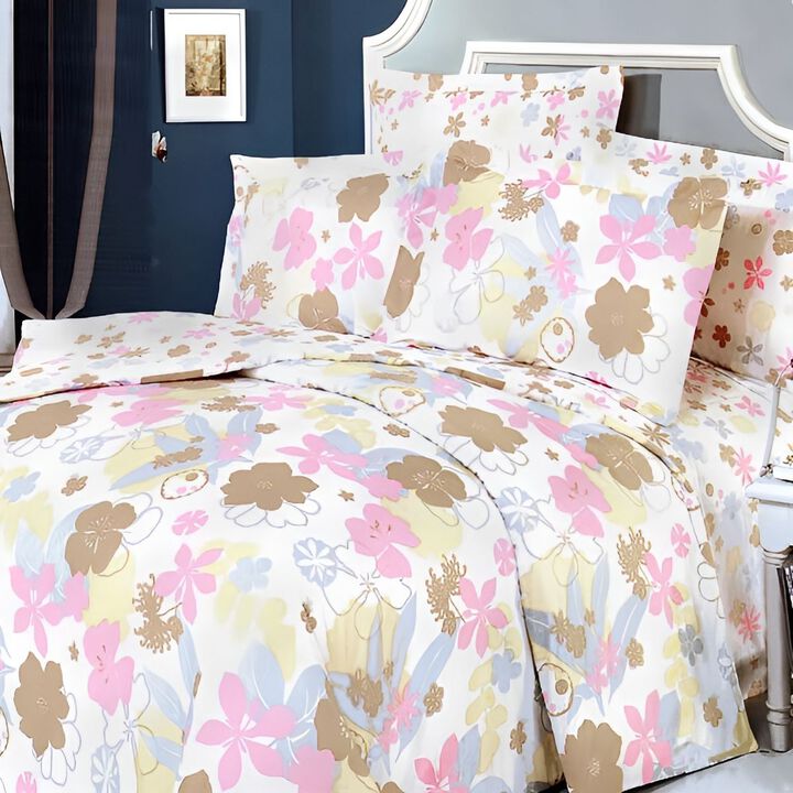 Pink Brown Floral Cotton King Duvet Cover Set with Pillow Shams