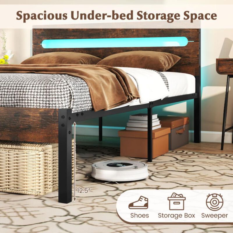 Hivvago Heavy-Duty Metal Slats Support Bed Platform with Charging Station