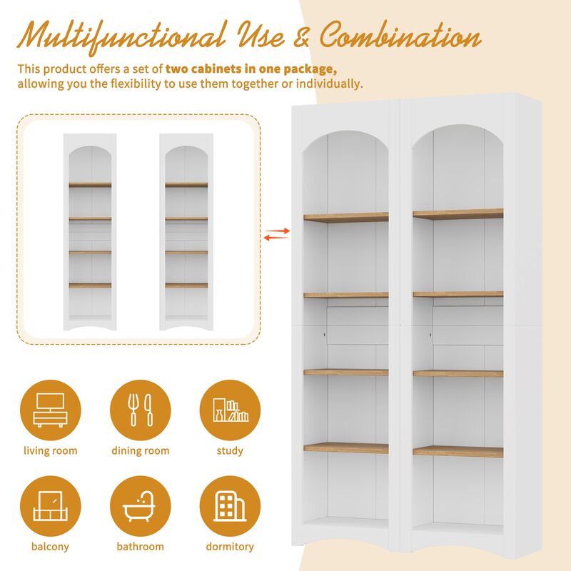 Free Standing 5 Tier Bookshelves, Bookcases Set of 2, Farmhouse Two-Tone Storage Cabinet with Adjustable Shelves, Modern 72"H Kitchen Pantry Cabinet for Living Room, Home Office, White
