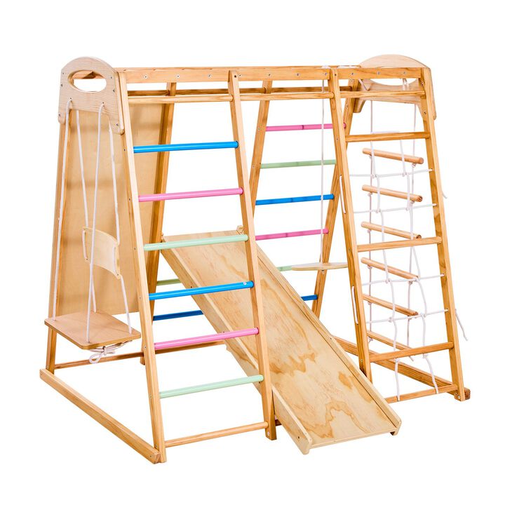 9 in 1 Wooden Indoor Playground Kids Climbing Gym with Slide Swing