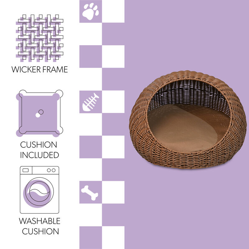 Fiora 19.5" x 18" Modern Circular Faux Wicker Pet Bed with Machine-Washable Cushion