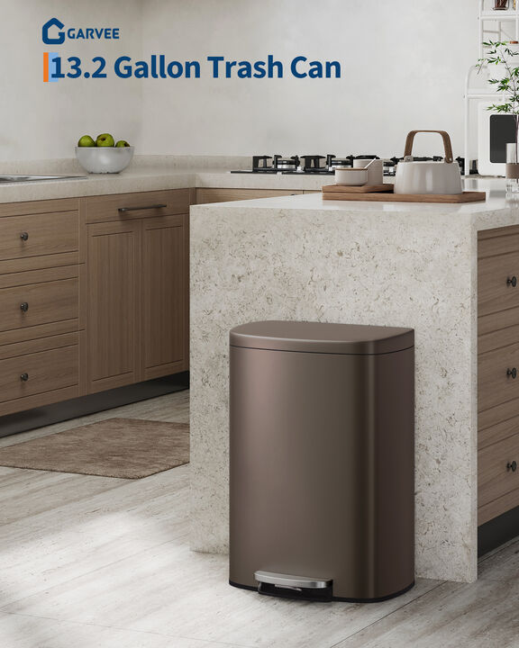 Rustproof Stainless Steel Step-On Trash Can with Lid, Inner Bucket & Rear Handle &ndash; Hands-Free, Durable for Kitchen & Bathroom.