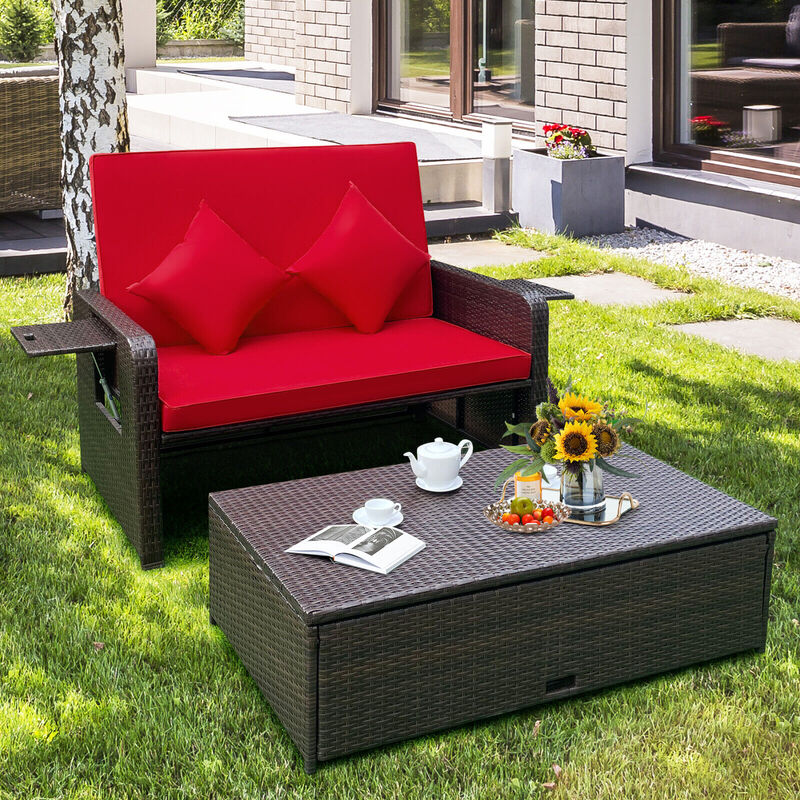 Patio Rattan Daybed with 4-Level Adjustable Backrest and Retractable Side Tray