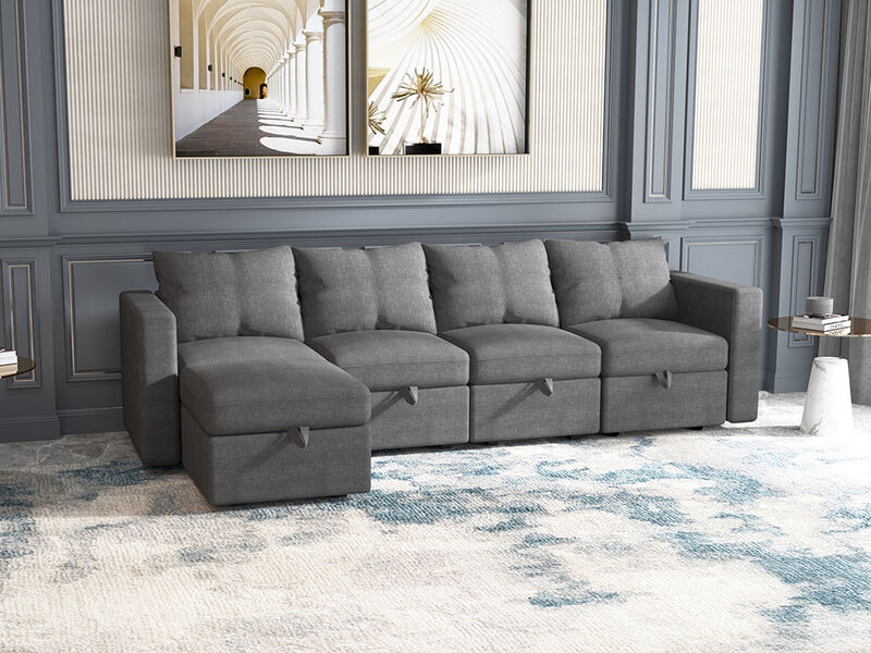 Modular 4-Seat Sectional Sofa with Wooden Frame and Chaise, Convertible Sofa with Pull-Out Bed, Available in Black, White, and Gray,109" L x 54.5" W x 34" H