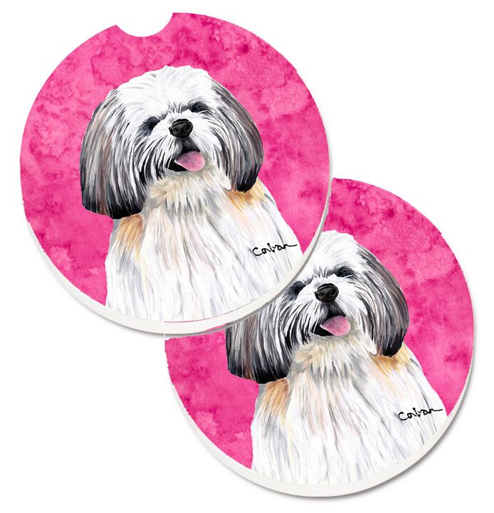 Caroline's Treasures Pink Shih Tzu Set of 2 Cup Holder Car Coasters SC9128PKCARC, 2.56, Multicolor