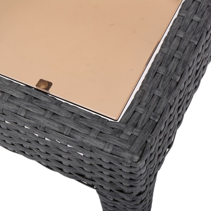 Annie Outdoor Square Accent Table, Tempered Glass, 20 Inch Gray Wicker - Benzara