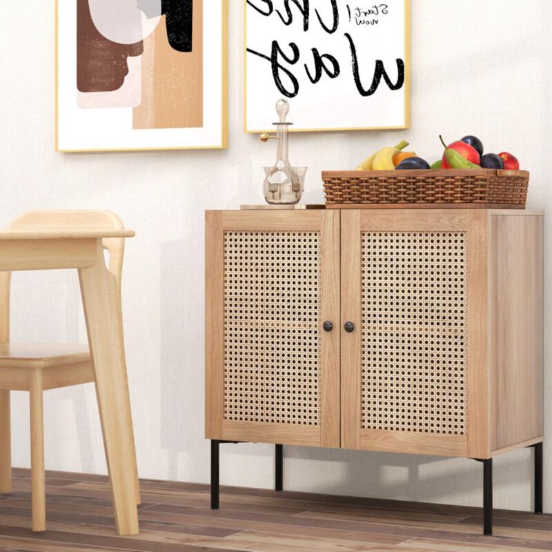 Hivvago Kitchen Sideboard with 2 Rattan Doors and Adjustable Shelf