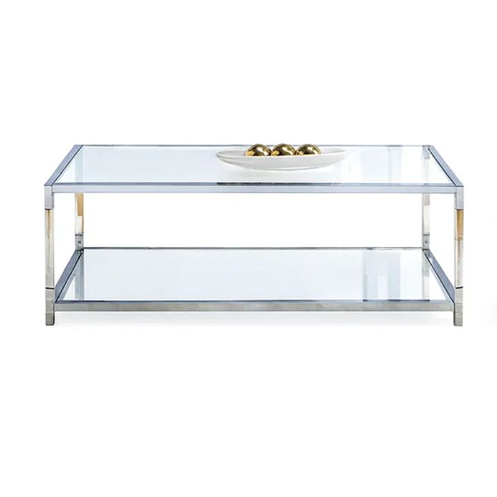 Glass Top Metal Coffee Table with Open Bottom Shelf, Silver and Clear