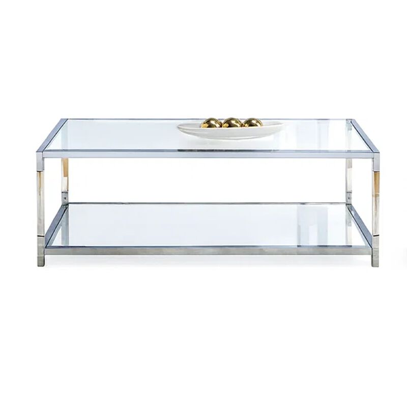 Glass Top Metal Coffee Table with Open Bottom Shelf, Silver and Clear image number 1