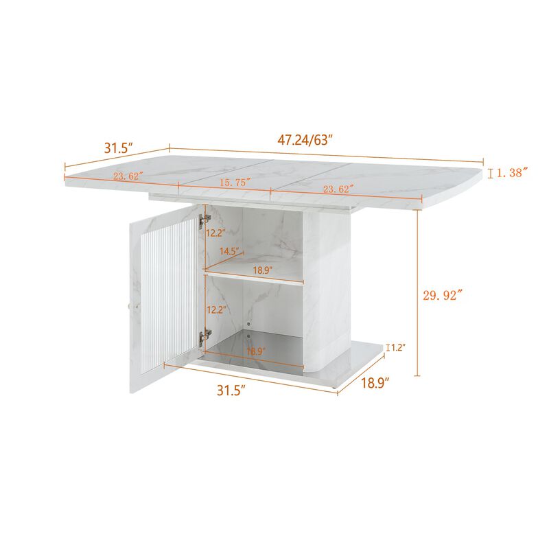 47.24"-63"Modern Rectangle Dining Table, Stretchable, with Printed White Marble Table Top+Storage Cabinet Table Leg with Metal Base image number 3