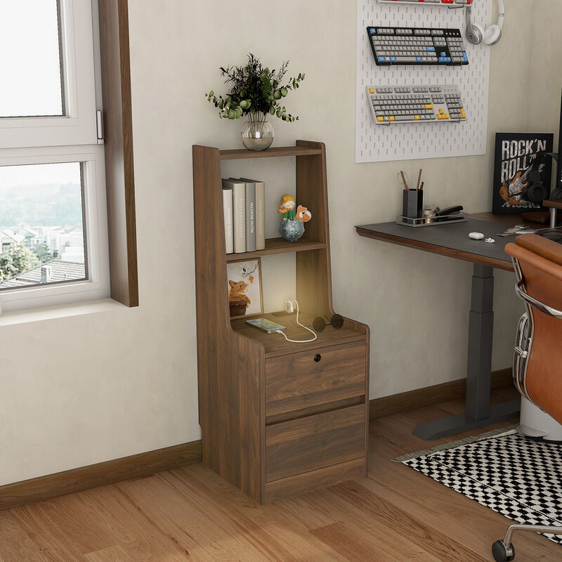 Nightstand with Charging Station Night Light Bookshelf Storage Cabinet image number 7