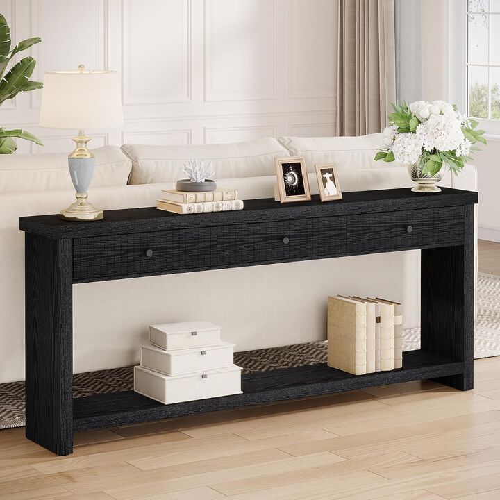 Wood Sofa Table with 3 Drawers, Long Console Table for Entryway-Black