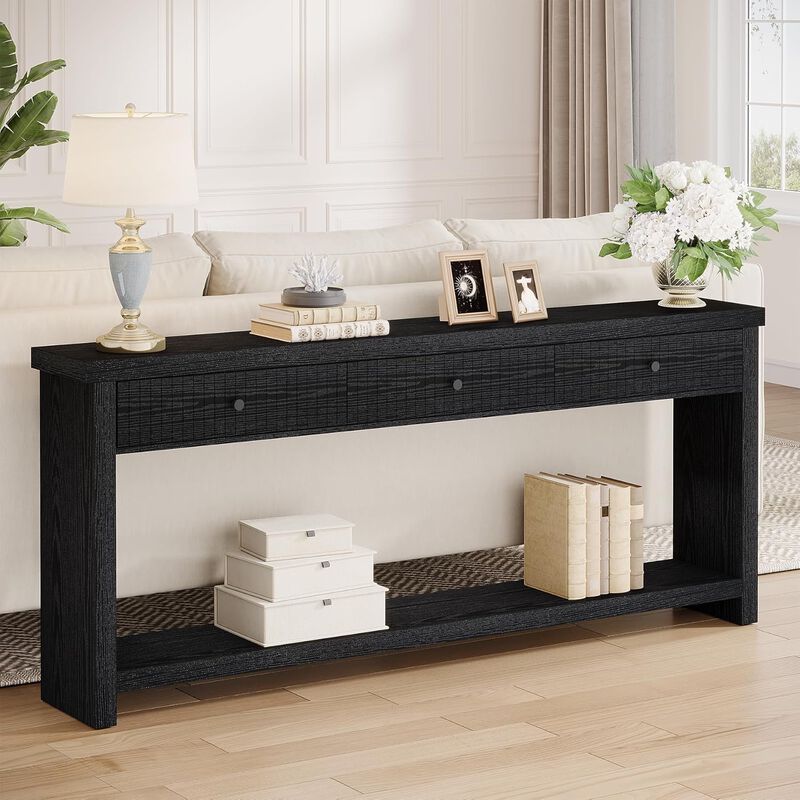 Wood Sofa Table with 3 Drawers, Long Console Table for Entryway-Black image number 1