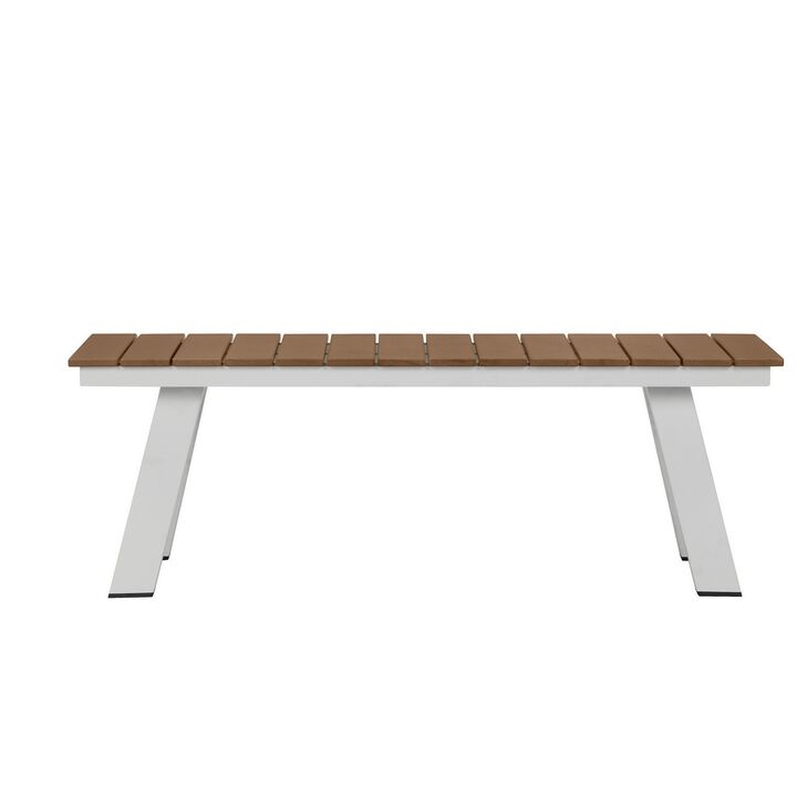 Zia 54 Inch Outdoor Dining Bench, Brown Polyresin Top, White Aluminum Frame-Benzara