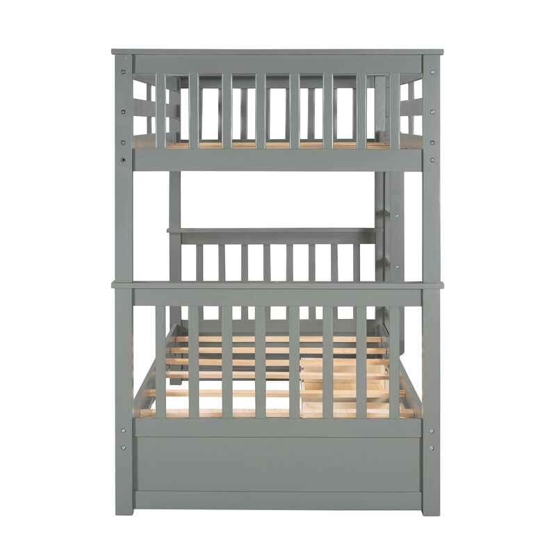 Whisen Twin-Over-Twin Bunk Bed with Ladders and Two Storage Drawers- Gray