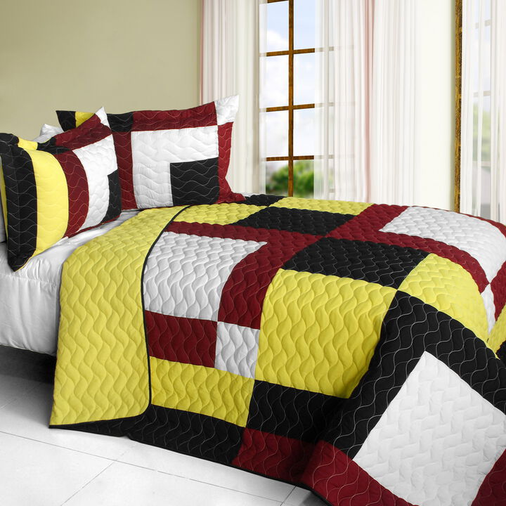 Queen Size 3-Piece Vermicelli Quilted Patchwork Quilt Set with Matching Pillow Shams