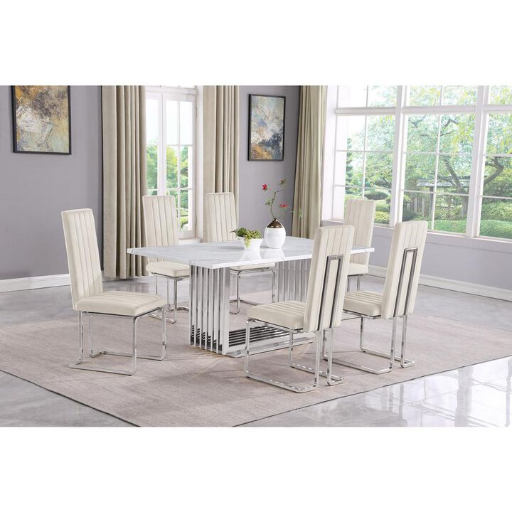 7pc Small(68") marble top dining set with silver base and 6 Cream side chairs