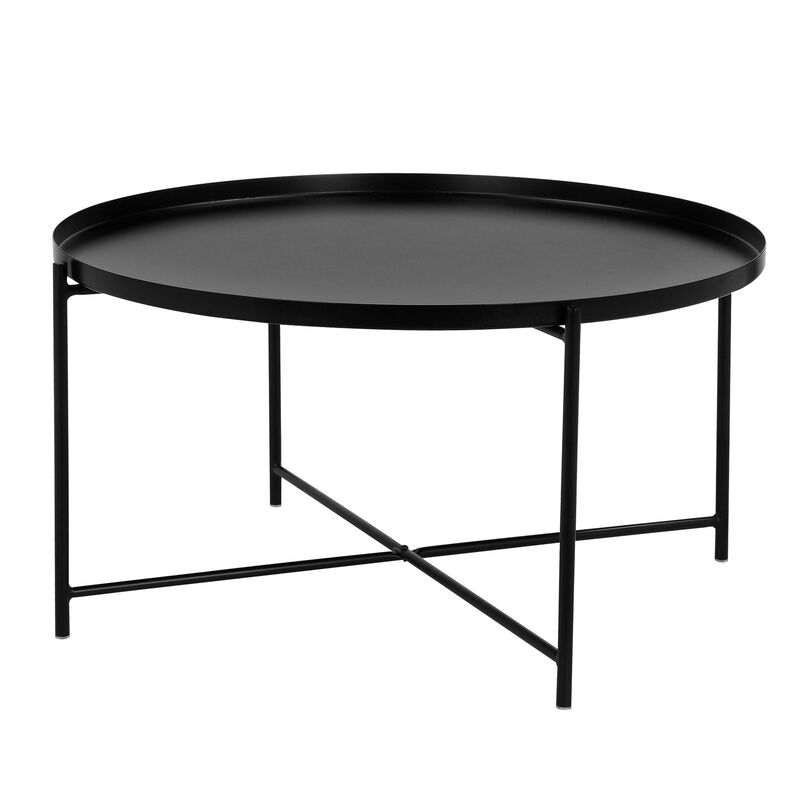 Ely 33 Inch Coffee Table, Round Tray Top, Cross Base, Black Metal Finish