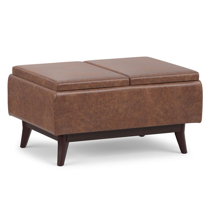 Owen 34 inch Wide Mid Century Modern Rectangle Tray Top Small Coffee Table Storage Ottoman in Distressed Saddle Brown Vegan Faux Leather, Assembled