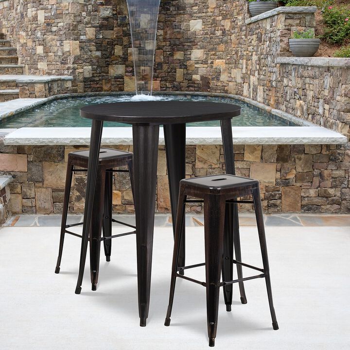 Flash Furniture Commercial Grade 30" Round Black-Antique Gold Metal Indoor-Outdoor Bar Table Set with 2 Square Seat Backless Stools