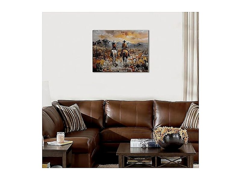 Western Cowboy Cowgirl Horses Canvas Wall Art Mountain Desert Landscape Sunset image number 2