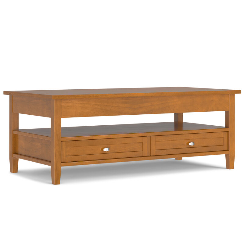 Warm Shaker SOLID WOOD 48 inch Wide Rectangle Transitional Lift Top Coffee Table in Light Golden Brown